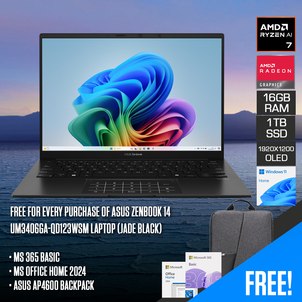 ASUS Zenbook 14 UM3406GA-QD123WSM Laptop (Jade Black)